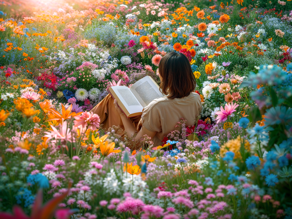 vrouw in bloemenveld | bloemen maken gelukkig