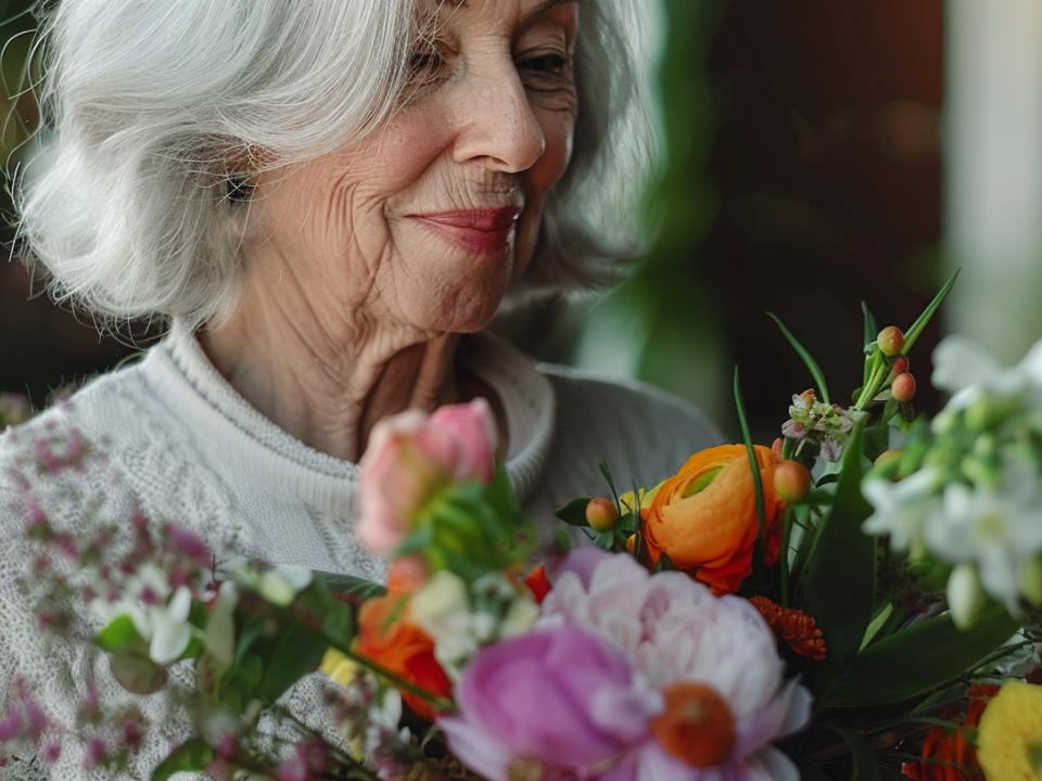 oudere dame met boeket bloemen